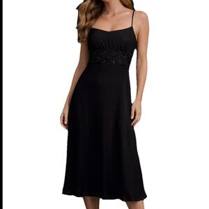 Ann Taylor Vintage Y2K Black Silk Midi Dress Beaded Waist Goth Milkmaid Size 2